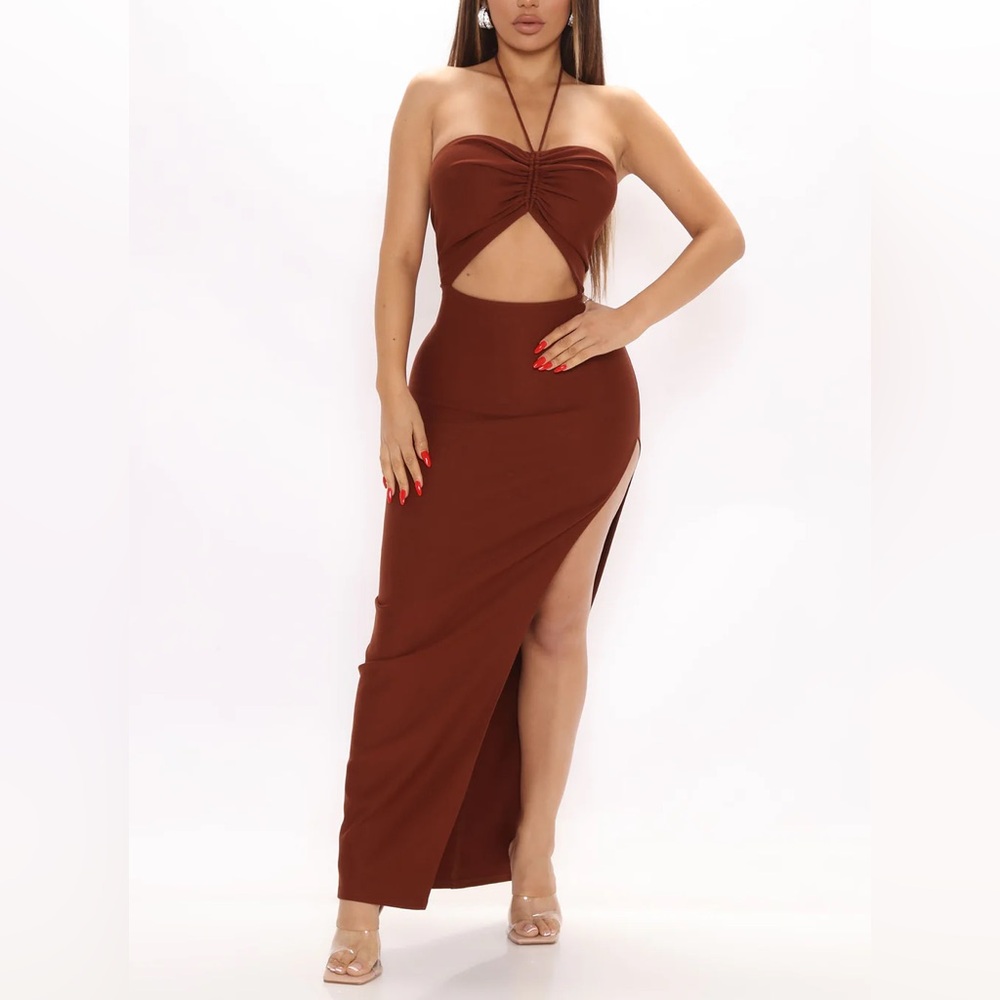 ❌SOLD❌Fashion Nova Brown Cutout Halter Maxi Dress